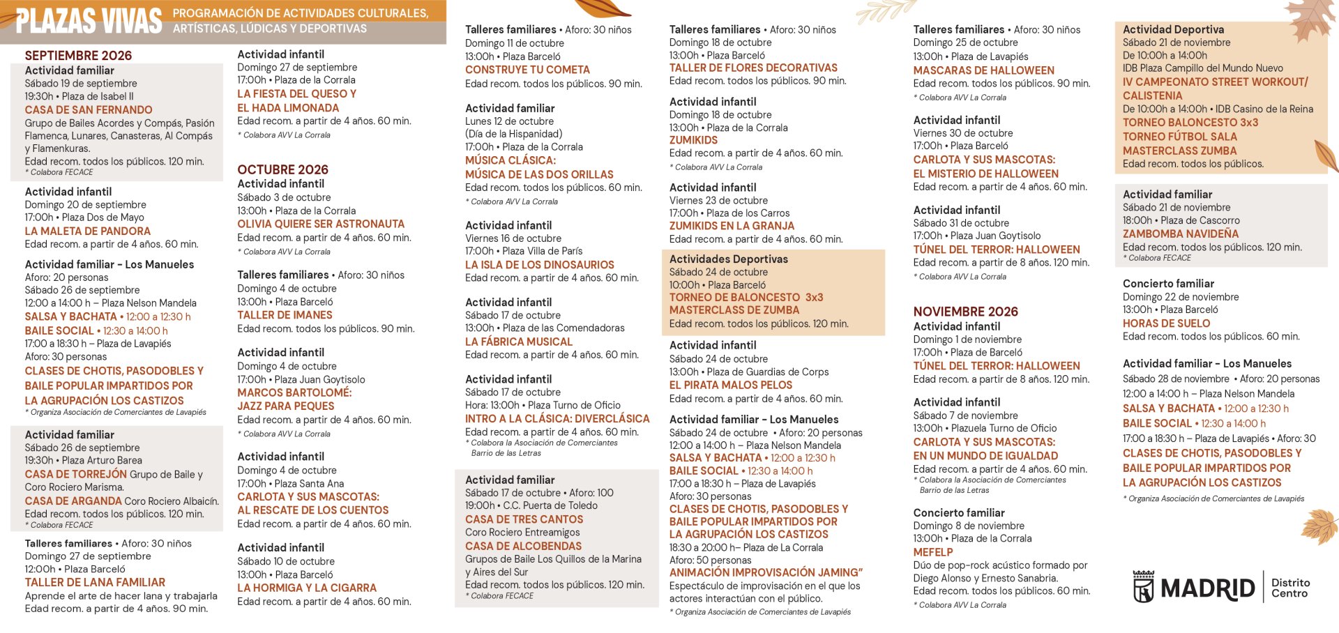 El programa Plazas Vivas lleva diversas actividades al distrito de Centro durante el otoño.